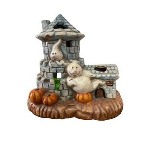 Vintage Ceramic Halloween Haunted Castle Ghost Pumpkin Tea Light Holder Decor